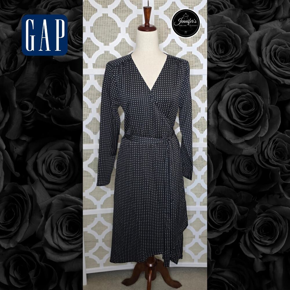 Gap Women's NWT Black & White Circle Pattern Long Sleeve Wrap Dress Size M